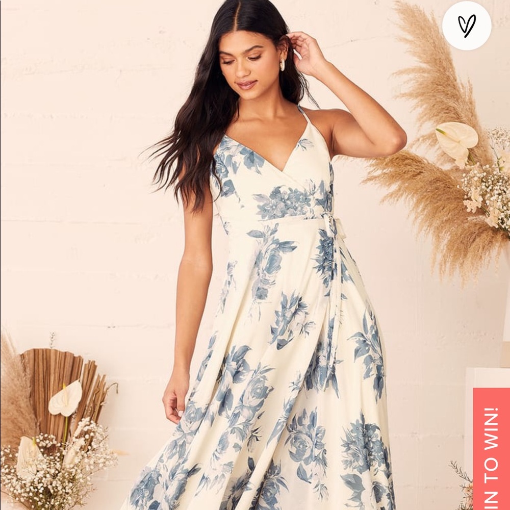 White/creme and blue floral wrap dress